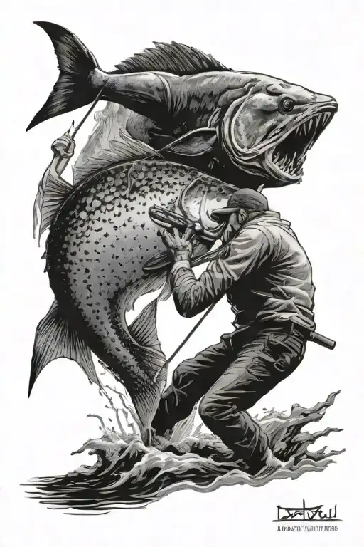 A black-grey design of a fisherman reeling in a giant fish, with a silhouette of Jason Voorhees holding a gun in the distance tattoo design idea