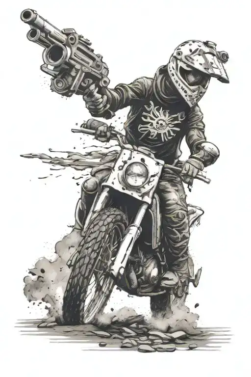 A dotwork tattoo of a dirt bike rider wearing a Jason Voorhees mask, with guns and chains in the background tattoo design idea