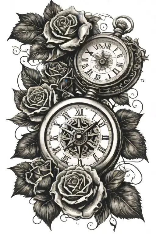A realistic broken pocket watch with a compass pointing north on top of the watch surrounded by black roses and ink spla tattoo design idea