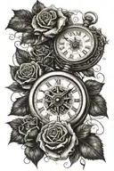A realistic broken pocket watch with a compass pointing north on top of the watch surrounded by black roses and ink spla tattoo design idea