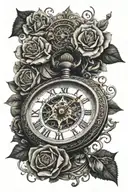 A realistic broken pocket watch with a compass pointing north on top of the watch surrounded by black roses and ink spla tattoo design idea