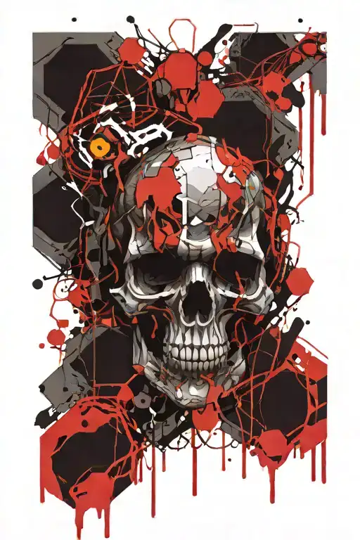 balnuk groging fron sking, skull stretch wavy liquid, leters N H V, hexagons, splash, lines tattoo design idea