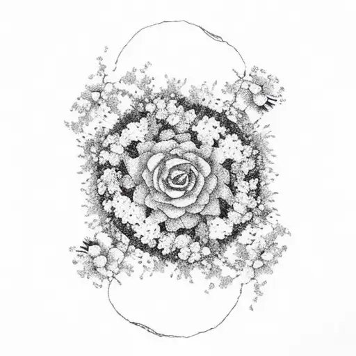 half a circle decorated by blooming flowers. Inside the sentence 난 문제가 아냐 난 문제의 답이에요 written in cursive Korean  tattoo design idea