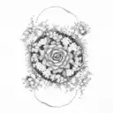 half a circle decorated by blooming flowers. Inside the sentence 난 문제가 아냐 난 문제의 답이에요 written in cursive Korean  tattoo design idea