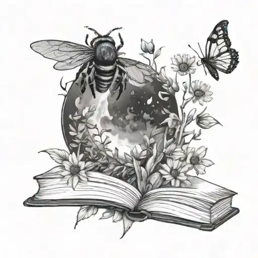 moon, wildflowers, books, honey bee,  tattoo design idea