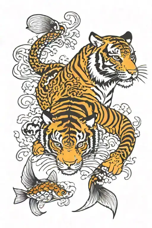 tiger and coi fish surrounding tattoo design idea
