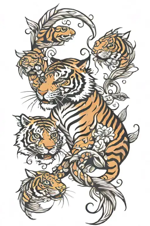 tiger and coi fish surrounding tattoo design idea