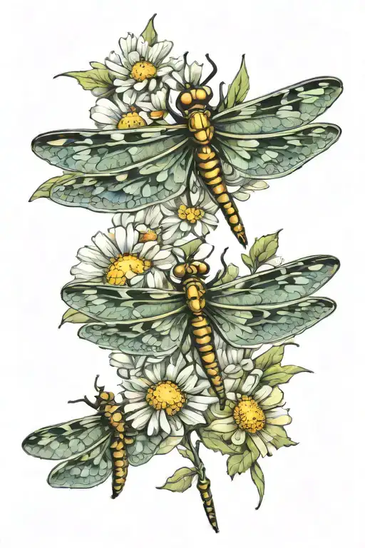 Daisies, buttercups and dragonfly  tattoo design idea
