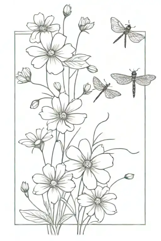 Daisies, buttercups and dragonfly  tattoo design idea