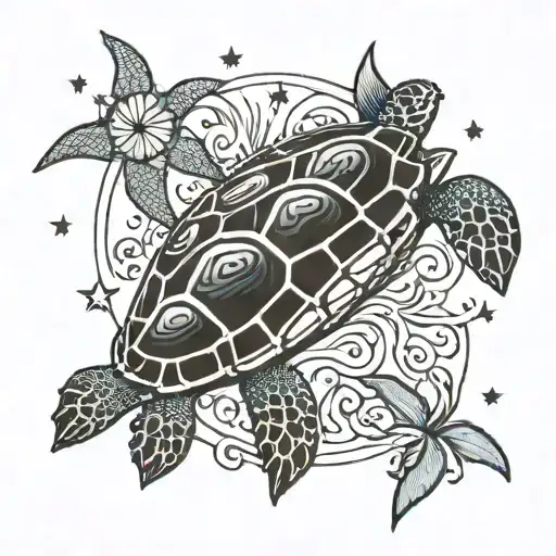sun moon stars ocean sea turtle tattoo design idea