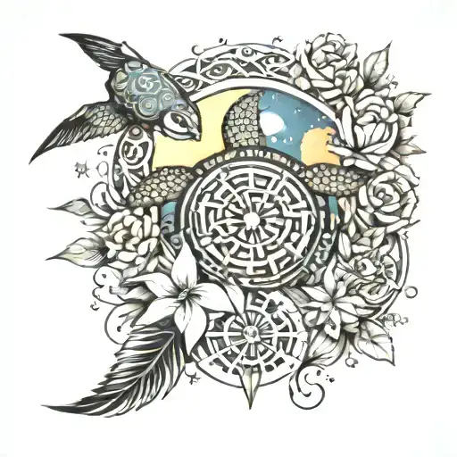 Esoteric Sun with flowers and moon stars and ocean and sea turtle tattoo design idea
