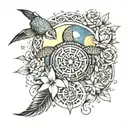 Esoteric Sun with flowers and moon stars and ocean and sea turtle tattoo design idea