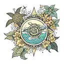 Esoteric Sun with flowers and moon stars and ocean and sea turtle tattoo design idea