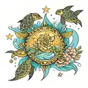 Esoteric Sun with flowers and moon stars and ocean and sea turtle tattoo design idea
