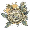 Esoteric Sun with flowers and moon stars and ocean and sea turtle tattoo design idea