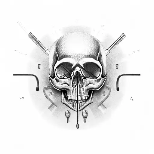A mechanic's tools forming a skull with musical notes as eyes tattoo design idea