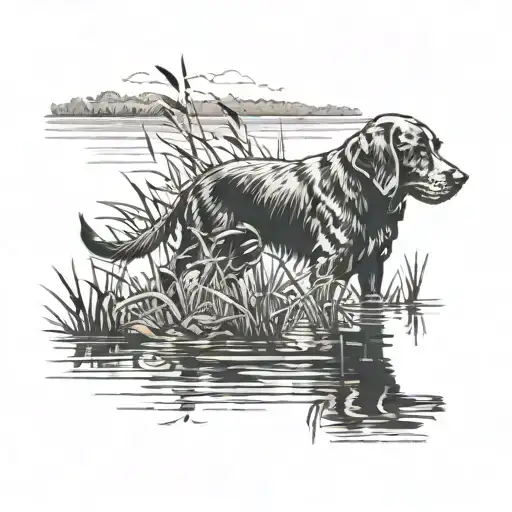 A black-grey tattoo of a hunting dog retrieving a duck from a lake, with reeds and cattails in the background tattoo design idea