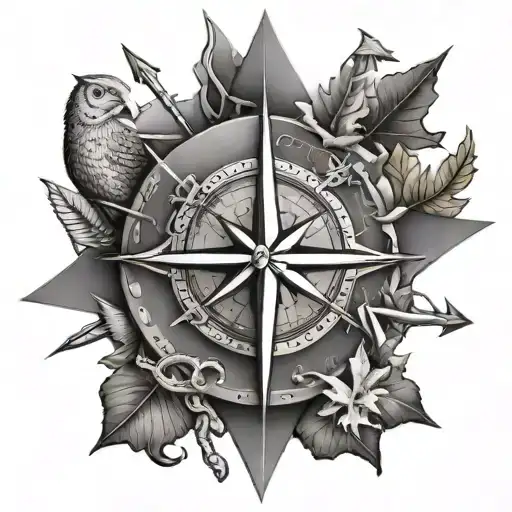 A stylized compass rose design incorporating hunting and fishing elements like animal tracks, fish scales, and hunting arrows, symbolizing the client's adventurous spirit tattoo design idea