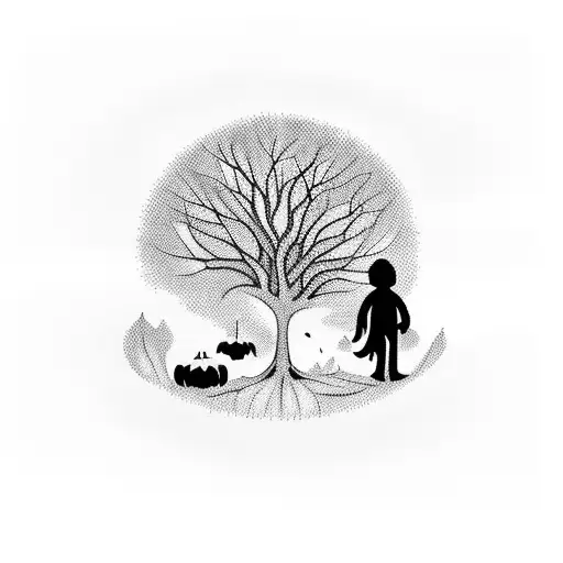 A blackwork tattoo featuring a silhouette of a husband and son walking hand in hand through a haunted forest, with pumpkins and bats scattered throughout tattoo design idea