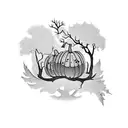 A blackwork tattoo featuring a silhouette of a husband and son walking hand in hand through a haunted forest, with pumpkins and bats scattered throughout tattoo design idea