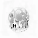 A blackwork tattoo featuring a silhouette of a husband and son walking hand in hand through a haunted forest, with pumpkins and bats scattered throughout tattoo design idea