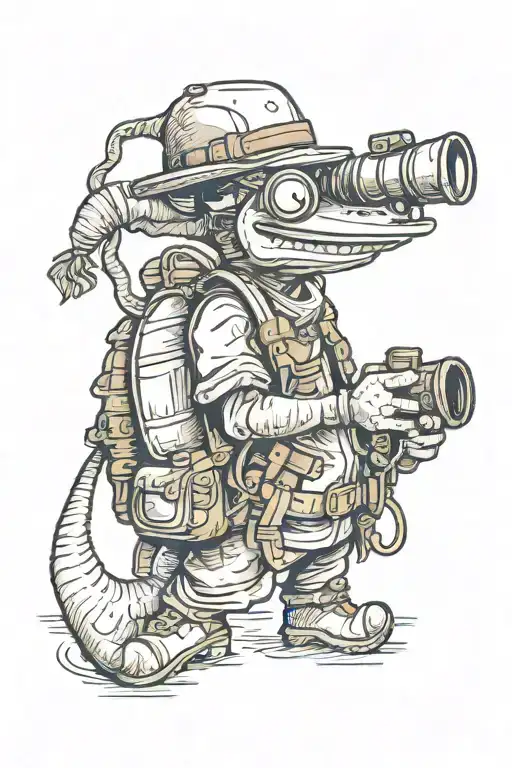 a worm in hiking gear, with a backpack, hat and binoculars around its neck tattoo design idea