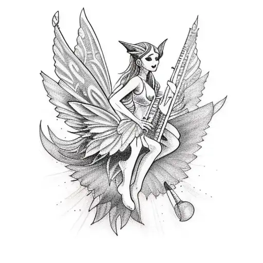 A new-school tattoo of a fairy riding a mythical animal while playing a musical instrument tattoo design idea