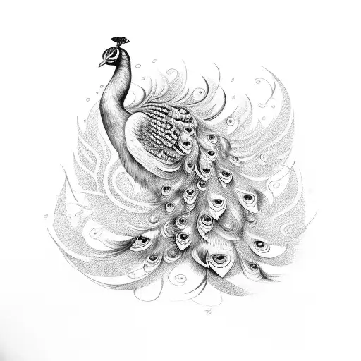 majestic peacock, fire bird, orchid tattoo design idea