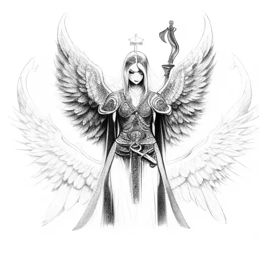 guardian angel female sword wings robe heaven long hair robe tattoo design idea