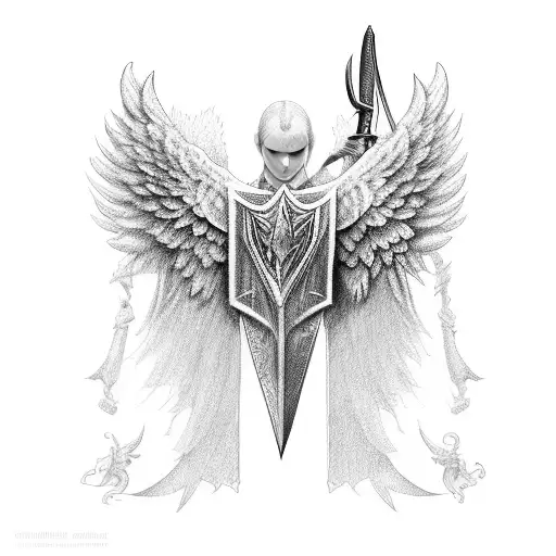 guardian angel weApon sword wings robe heaven long hair robe tattoo design idea