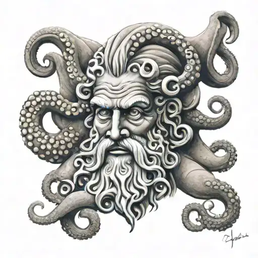 face of poseidon realism with octopus tattoo design idea
