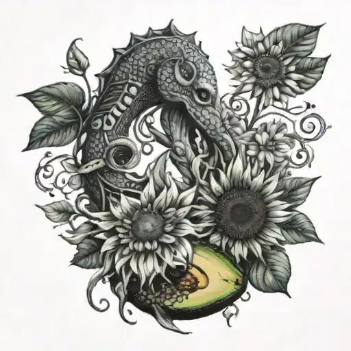 A vibrant and intricate sunflower design intertwined with an avocado tree, with a hidden octopus and salmon incorporated into the background tattoo design idea