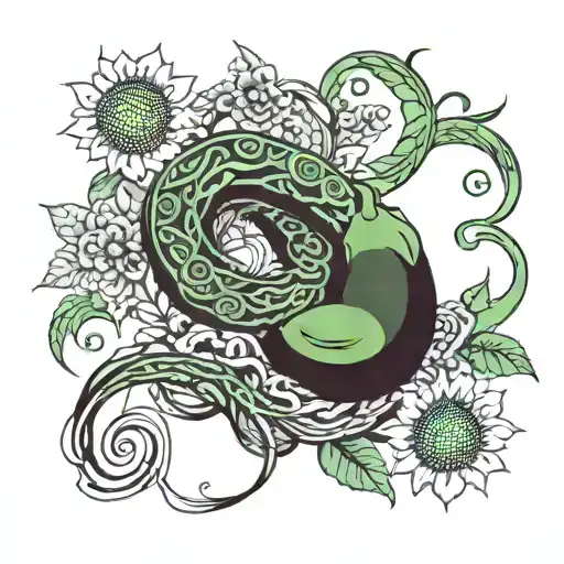 A traditional style tattoo of tentacles intertwined with vines of avocados and sunflowers, showcasing a harmonious blend of nature and sea life tattoo design idea