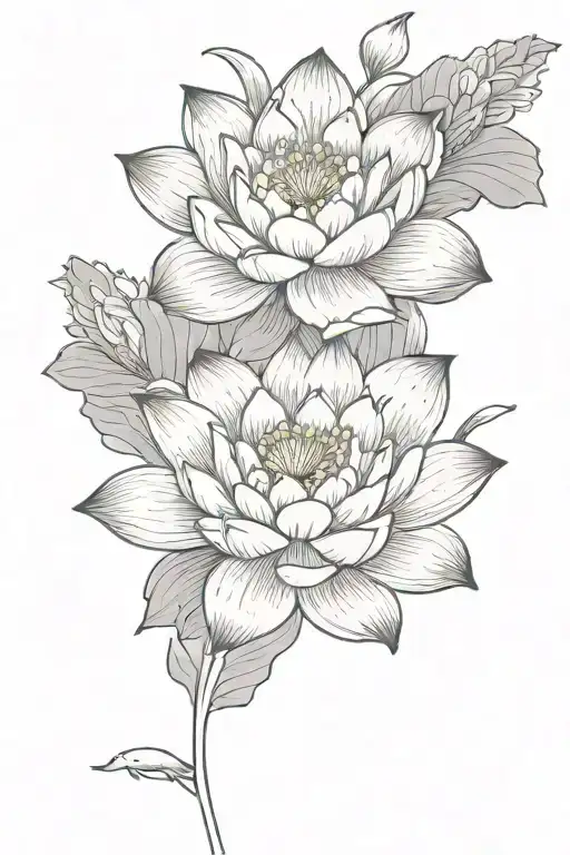 lotus flower blooming, two koi fish swimming around the lotus flower, the flower is centered between the fish swimming.  tattoo design idea