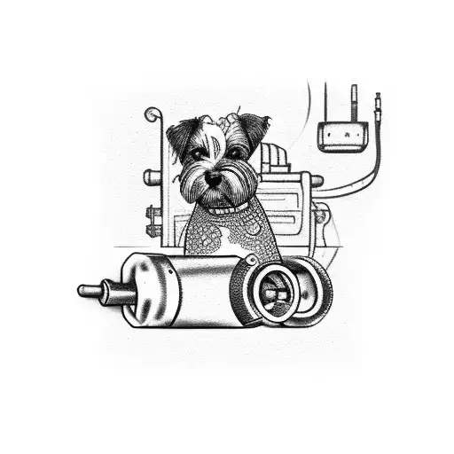 A dotwork tattoo of a mechanic's tools forming the silhouette of a dog, representing the client's passion for both mechanics and dogs tattoo design idea