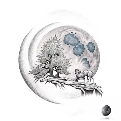 Oak tree, wolf, moon tattoo design idea