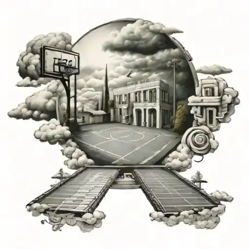 A surreal tattoo of a basketball court in the clouds, with Greek architectural elements and video game characters scatte tattoo design idea
