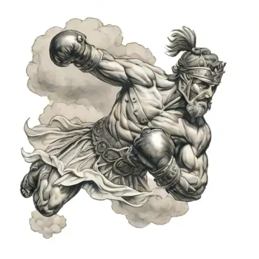 A tattoo of a Greek warrior boxing with clouds in the background, symbolizing strength and determination  tattoo design idea