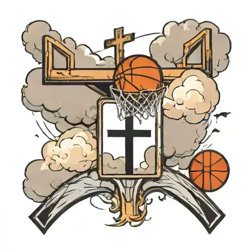 A basketball court with a cross in the center and clouds overhead tattoo design idea