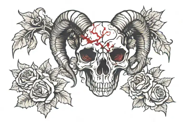 ram skull with cracked and damaged horns, colored crown of dying red roses tattoo design idea