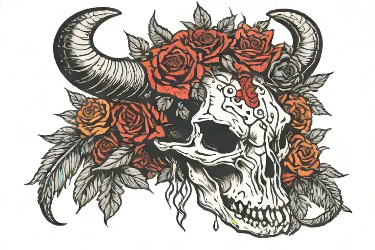 big horn cow skull with large cracked and damaged horns, crown of dying red roses on its head, hand painted western styl tattoo design idea