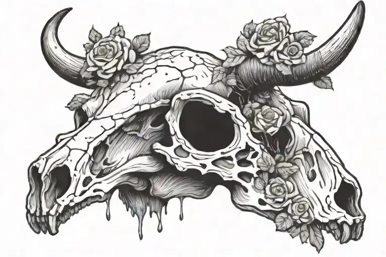 big horn cow skull with large cracked and damaged horns, crown of dying roses on its head tattoo design idea