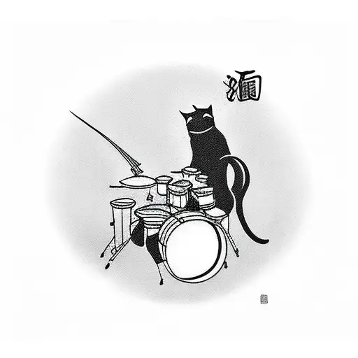 cat silhouette playing drums tattoo design idea