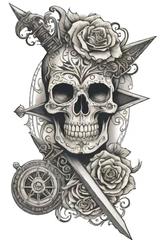 day of the dead skull, broad sword, compass, time piece tattoo design idea