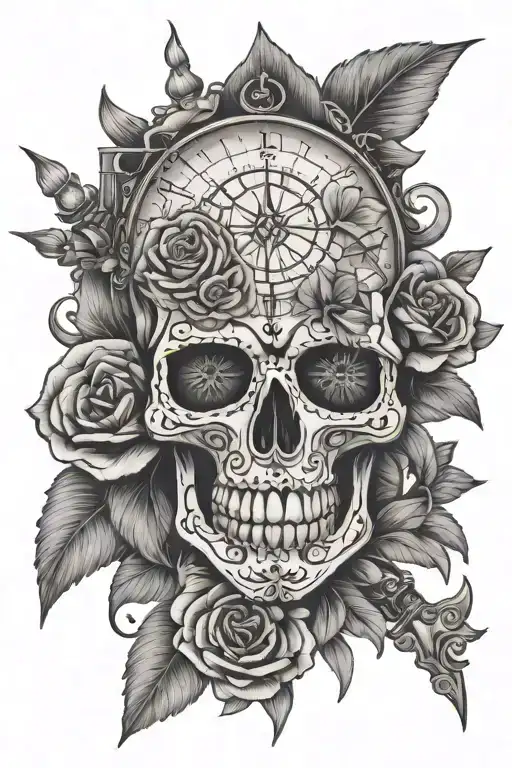 day of the dead skull, broad sword, compass, time piece, poppies tattoo design idea