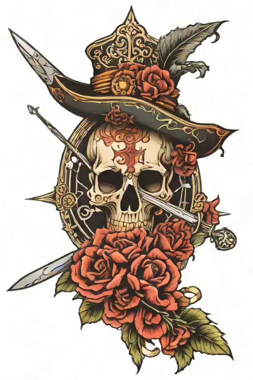 day of the dead skull, broad sword, compass, time piece, poppy tattoo design idea