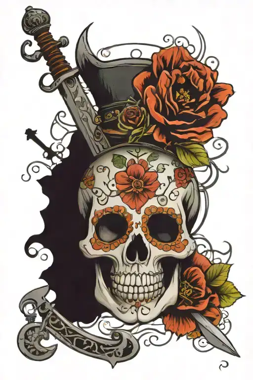 day of the dead skull, broad sword, pocket watch, compass, poppies tattoo design idea