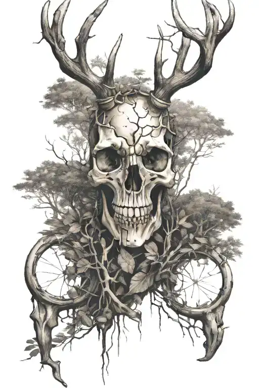clocked figure with deer skull head standing in a forest tattoo design idea