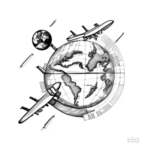 Greek Atlas holding up earth with plane flying around earth  tattoo design idea