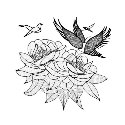 two large birds and one small bird sitting on flowering branches. another small bird flying away tattoo design idea